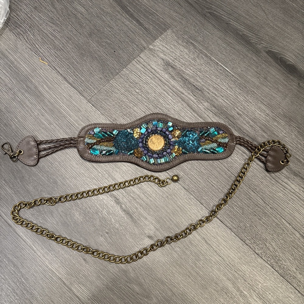 Chicos Mosaic Bead And Stone Vegan Leather Adjustable Chain Belt Y2K - Picture 5 of 6